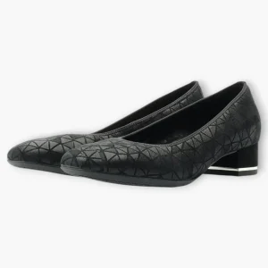 Ara Black Leather Court Shoes with Geometric Design and Silver Heel Detail