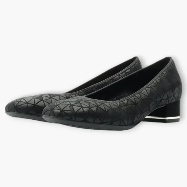 Ara Black Leather Court Shoes with Geometric Design and Silver Heel Detail