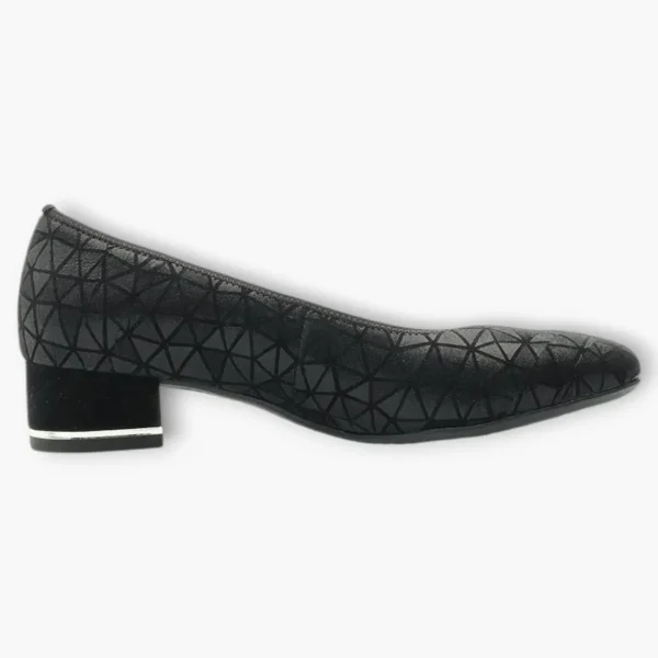 Ara Black Leather Court Shoes with Geometric Design and Silver Heel Detail