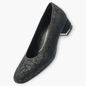 Ara Black Leather Court Shoes with Geometric Design and Silver Heel Detail