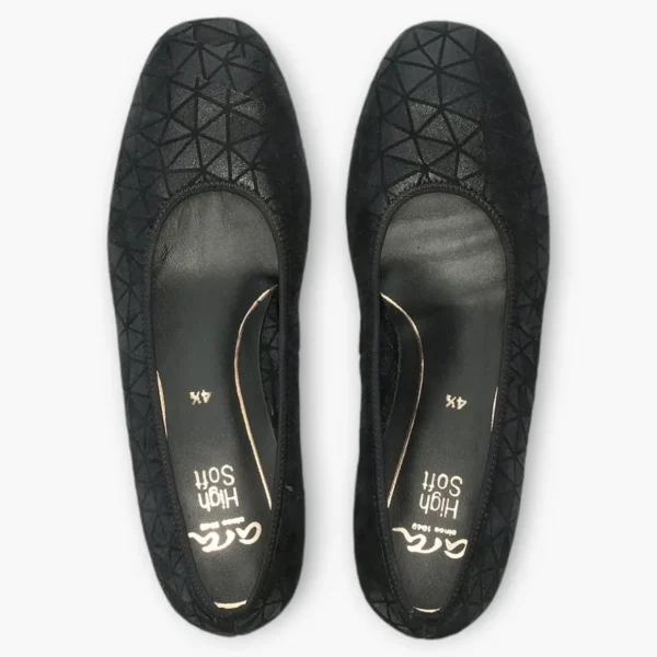 Ara Black Leather Court Shoes with Geometric Design and Silver Heel Detail