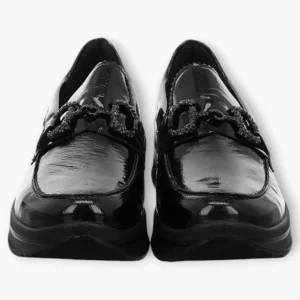 Ara Black Patent Loafers with Chain Detail & Wedge Sole - Wide Fit & Comfortable