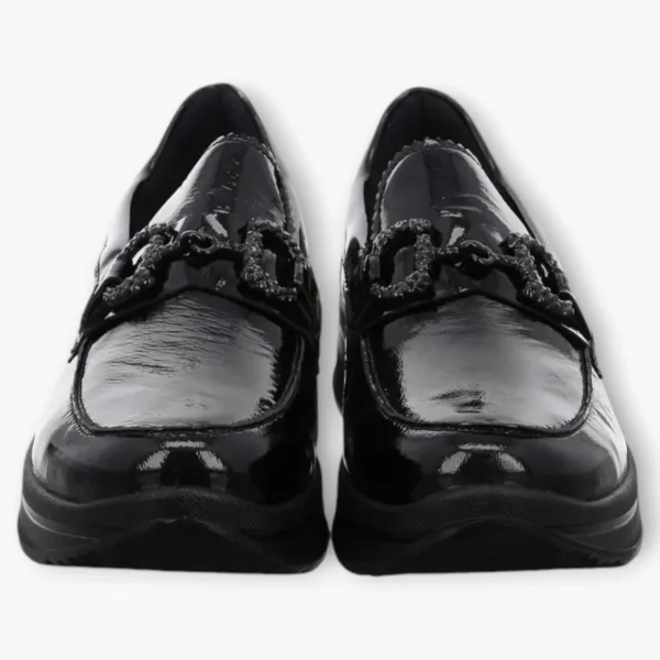 Ara Black Patent Loafers with Chain Detail & Wedge Sole - Wide Fit & Comfortable