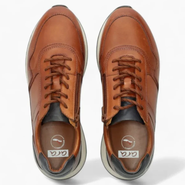 Ara Meo Cognac Men's Brown Leather Trainers – Wide Fit with Side Zip