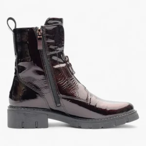 Ara Red Patent Boots with Front Zip, Pull Tab & Chunky Sole - Wide Fit, Comfort Focused