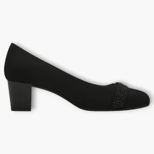 Black Vegan Suede Court Shoes with Block Heel & Strap Detail