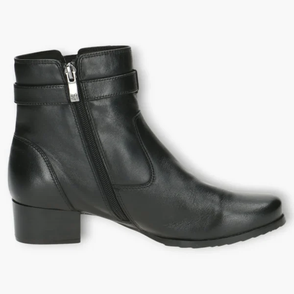 Caprice Black Ankle Boots with Side Zip & Buckle Detail - Block Heel, Wide Fit, Comfort Focused