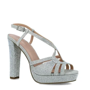 High Heel Silver Sandals with Shimmering Diamante Detailing