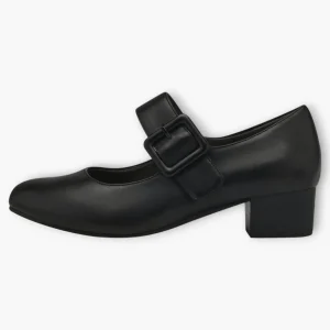 Jana Black Court Shoes with Velcro Strap and Block Heel