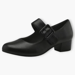 Jana Black Court Shoes with Velcro Strap and Block Heel