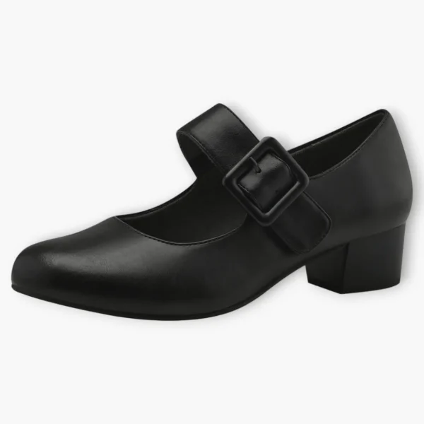 Jana Black Court Shoes with Velcro Strap and Block Heel