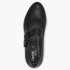 Jana Black Court Shoes with Velcro Strap and Block Heel