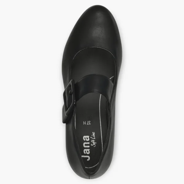 Jana Black Court Shoes with Velcro Strap and Block Heel