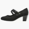 Jana Black Faux Suede Court Shoe with Velcro Strap and Diamante Detail