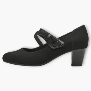 Jana Black Faux Suede Court Shoe with Velcro Strap and Diamante Detail