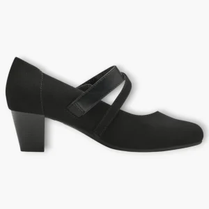 Jana Black Faux Suede Court Shoe with Velcro Strap and Diamante Detail