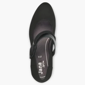 Jana Black Faux Suede Court Shoe with Velcro Strap and Diamante Detail