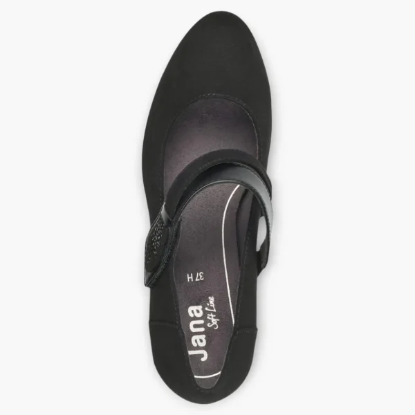 Jana Black Faux Suede Court Shoe with Velcro Strap and Diamante Detail