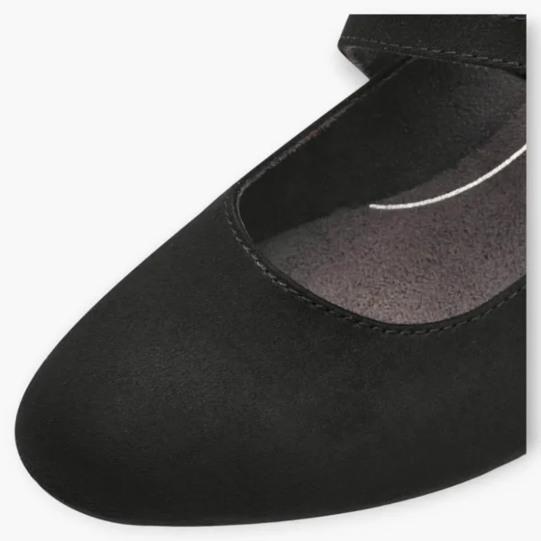 Jana Black Faux Suede Court Shoe with Velcro Strap and Diamante Detail