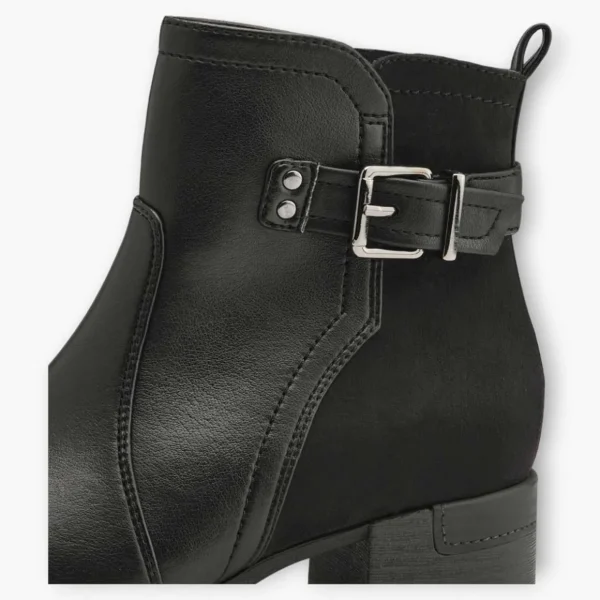 Jana Black Vegan Ankle Boots with Block Heel and Silver Buckle Detail