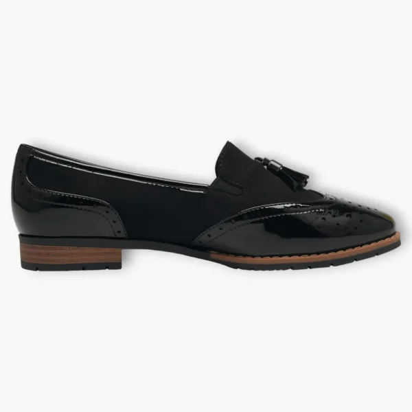 Jana Black Wide Fit Patent Brogue Detail Slip-On Loafers