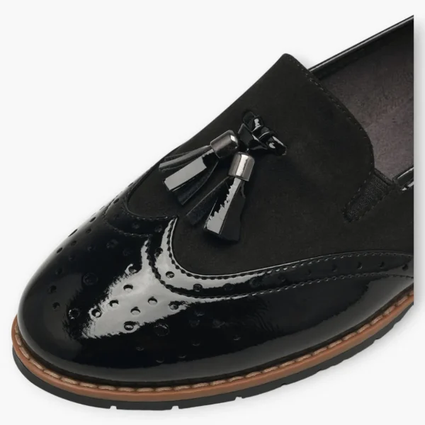 Jana Black Wide Fit Patent Brogue Detail Slip-On Loafers