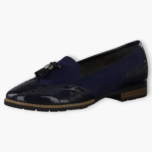 Jana Navy Brogue-Style Slip-On Loafers with Brown Side Sole