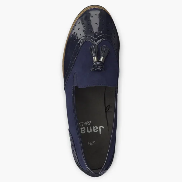 Jana Navy Brogue-Style Slip-On Loafers with Brown Side Sole