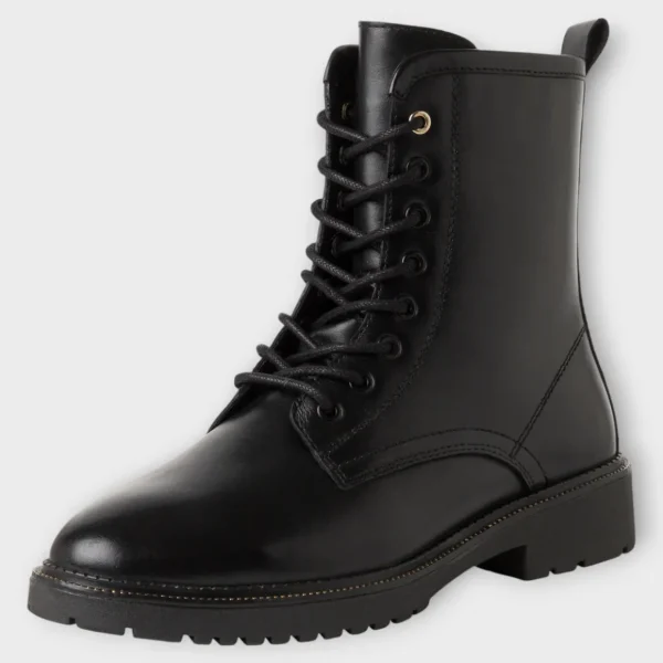 Marco Tozzi Leather Lace-Up Black Boots with Chunky Sole