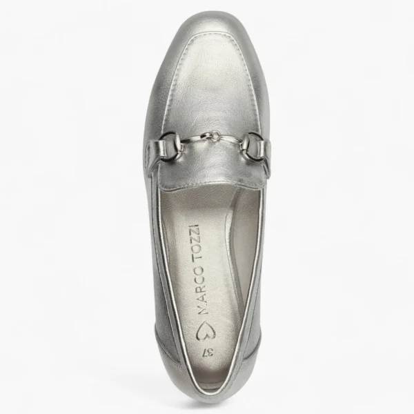 Marco Tozzi Metallic Silver Loafers – Vegan, Cushioned Comfort