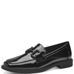 Marco Tozzi Vegan Black Patent Loafers with Chain Detail