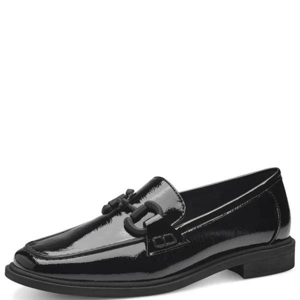 Marco Tozzi Vegan Black Patent Loafers with Chain Detail