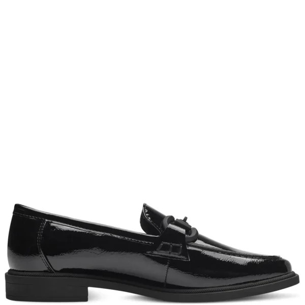 Marco Tozzi Vegan Black Patent Loafers with Chain Detail