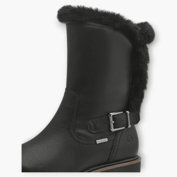 Tamaris Black Boots with Fur Trim & Buckle Detail - Block Heel, Side Zip, Comfort Fit
