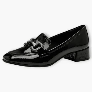 Tamaris Black Patent Loafers with Block Heel and Silver Chain Detail