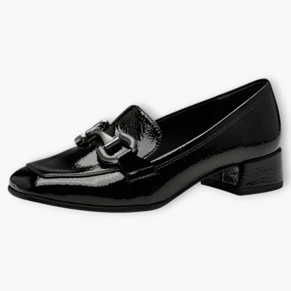 Tamaris Black Patent Loafers with Block Heel and Silver Chain Detail
