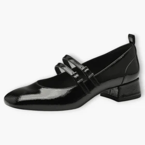 Tamaris Black Patent Mary Jane Heels with Square Toe and Adjustable Straps