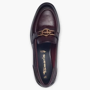Tamaris Merlot Loafers with Block Heel and Gold Chain Detail