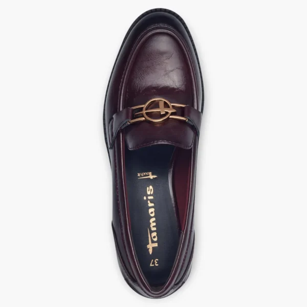 Tamaris Merlot Loafers with Block Heel and Gold Chain Detail