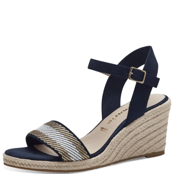 Tamaris Navy Vegan Wedge Sandals - Stripe Detail