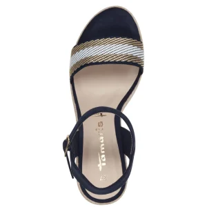 Tamaris Navy Vegan Wedge Sandals - Stripe Detail