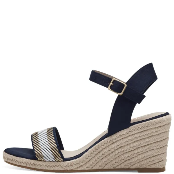 Tamaris Navy Vegan Wedge Sandals - Stripe Detail
