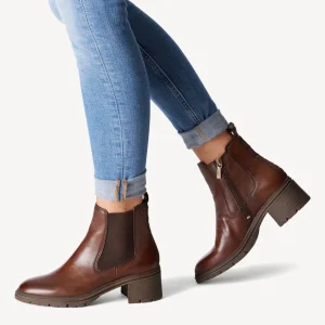 Tamaris Rich Brown Leather Ankle Boots with Soft Footbed and Block Heel