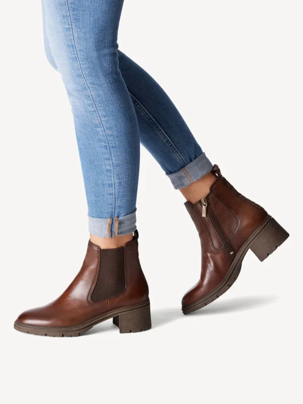 Tamaris Rich Brown Leather Ankle Boots with Soft Footbed and Block Heel