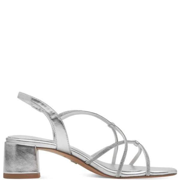 Tamaris Silver Vegan Heels with Diamante Detail and Square Toe