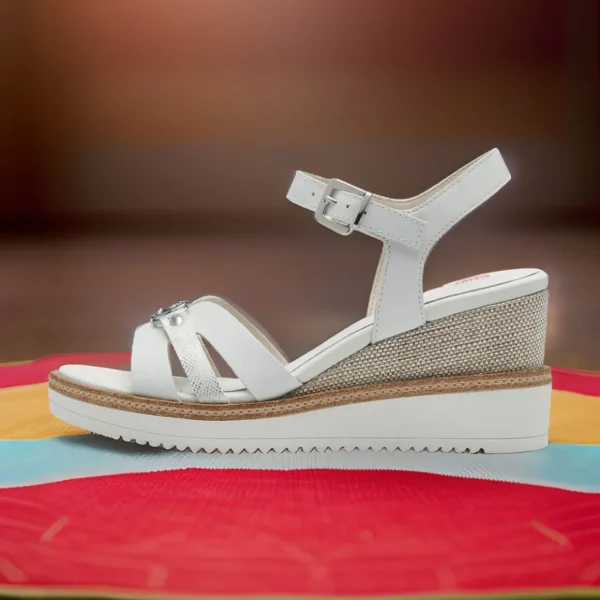 Tamaris White Leather Wedge Sandals with Silver Buckle