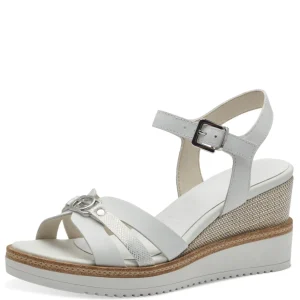 Tamaris White Leather Wedge Sandals with Silver Buckle