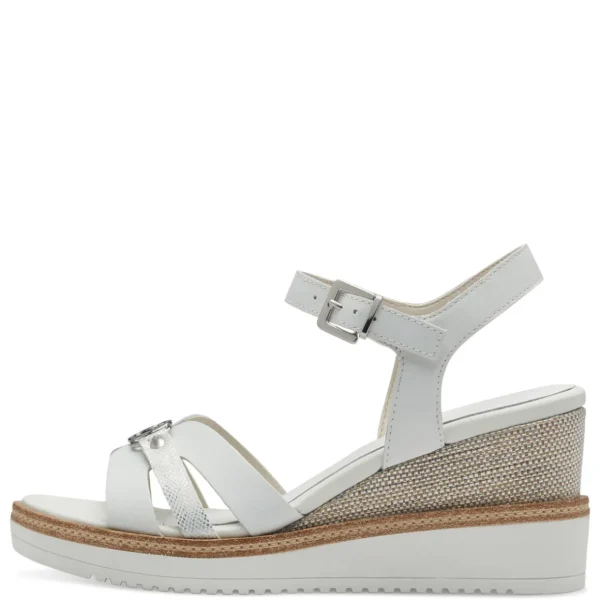 Tamaris White Leather Wedge Sandals with Silver Buckle