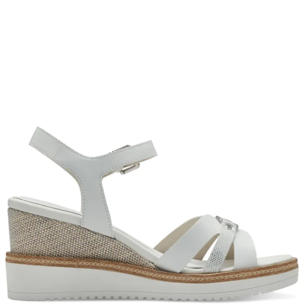 Tamaris White Leather Wedge Sandals with Silver Buckle