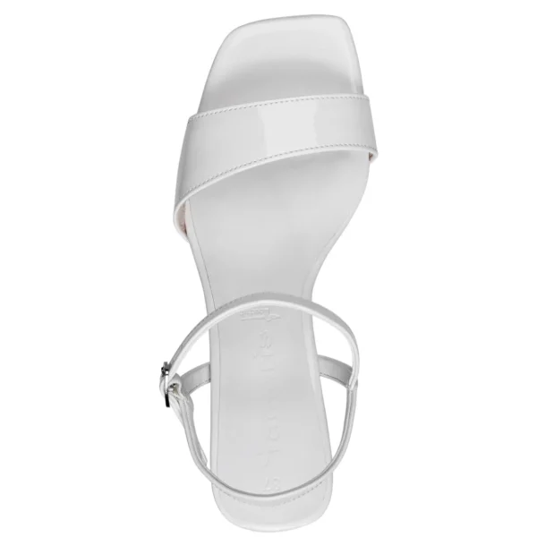 Tamaris White Patent Square Toe Sandal – Sculpted Heel & Comfort